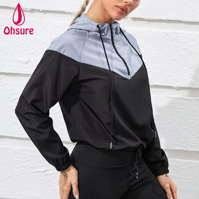 LOGO personnalisé 100% polyester deux tons demi fermeture à glissière Sports encapuchonné Sports porter haut femmes fitness gym veste d'entraînement