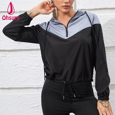 LOGO personnalisé 100% polyester deux tons demi fermeture à glissière Sports encapuchonné Sports porter haut femmes fitness gym veste d'entraînement