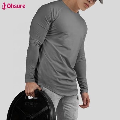 T-shirt de sport pour homme, coupe ajustée, amincissante, haut, manches longues, col rond, ourlet arrondi, entraînement, musculation, chemises de gym, vierge, décontracté