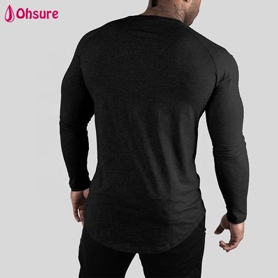 T-shirt de sport pour homme, coupe ajustée, amincissante, haut, manches longues, col rond, ourlet arrondi, entraînement, musculation, chemises de gym, vierge, décontracté