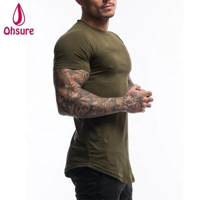 T-shirt de sport pour hommes en coton et spandex personnalisé, vert armée, à manches courtes, uni, pour l'entraînement