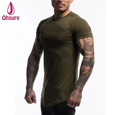 T-shirt de sport pour hommes en coton et spandex personnalisé, vert armée, à manches courtes, uni, pour l'entraînement