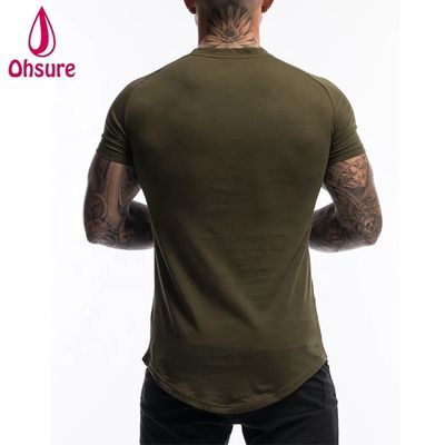 T-shirt de sport pour hommes en coton et spandex personnalisé, vert armée, à manches courtes, uni, pour l'entraînement