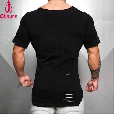 Nouveau T-shirt en coton pour homme - T-shirt vintage à trous déchirés - Mode homme Vêtements de sport décontractés T-shirt de fitness