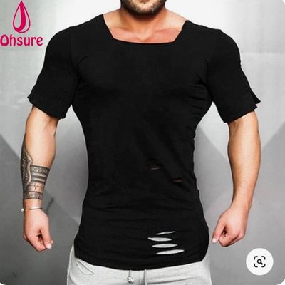 Nouveau T-shirt en coton pour homme - T-shirt vintage à trous déchirés - Mode homme Vêtements de sport décontractés T-shirt de fitness