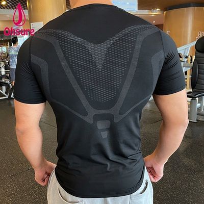 T-shirt à manches courtes et étroitement ajusté, absorbant la sueur, en gros, sur mesure, nouveau design, homme, gymnase, course, sport, tissé.